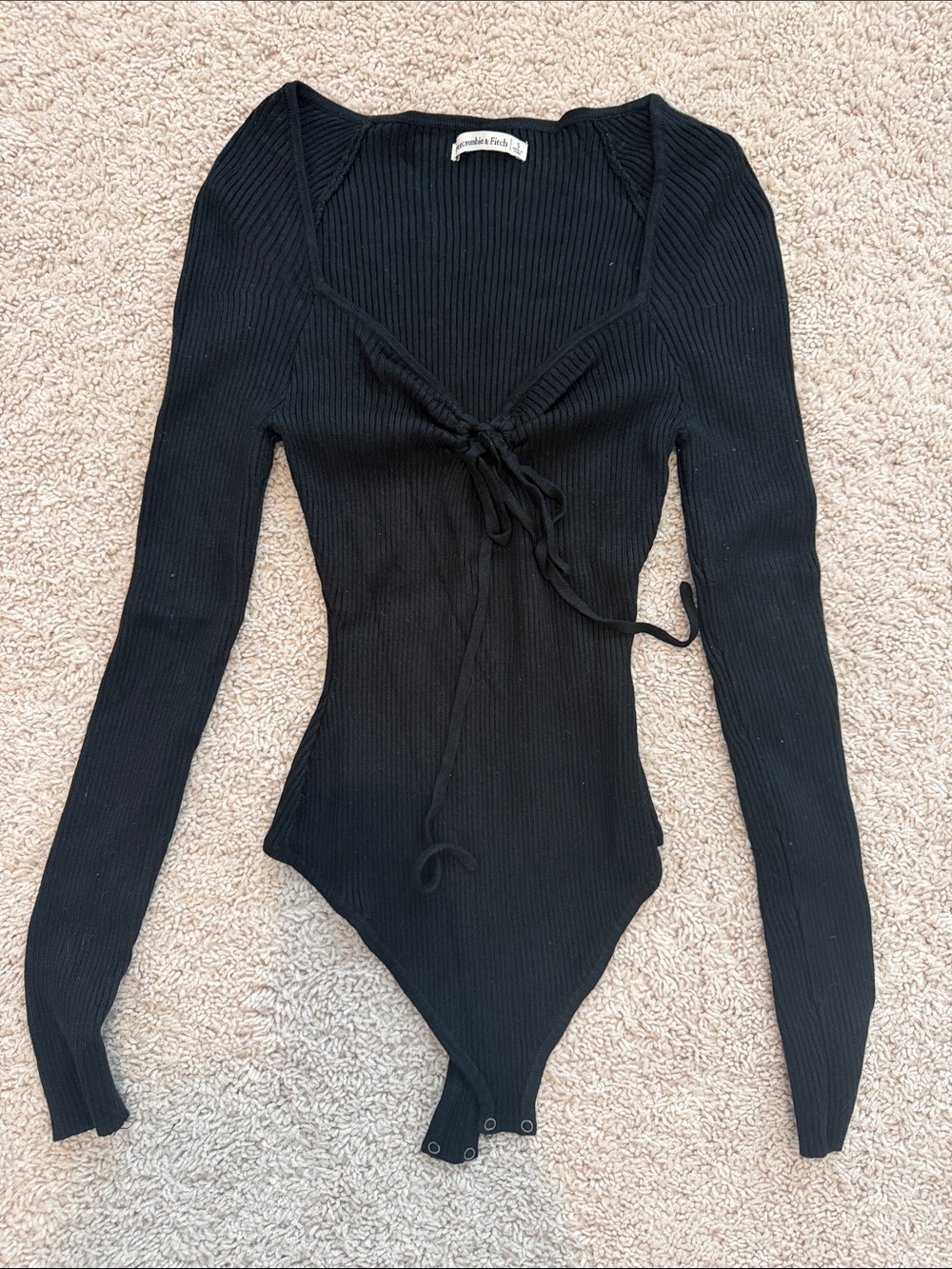 Abercrombie & Fitch Black Ribbed Long Sleeve Tie-Front Bodysuit